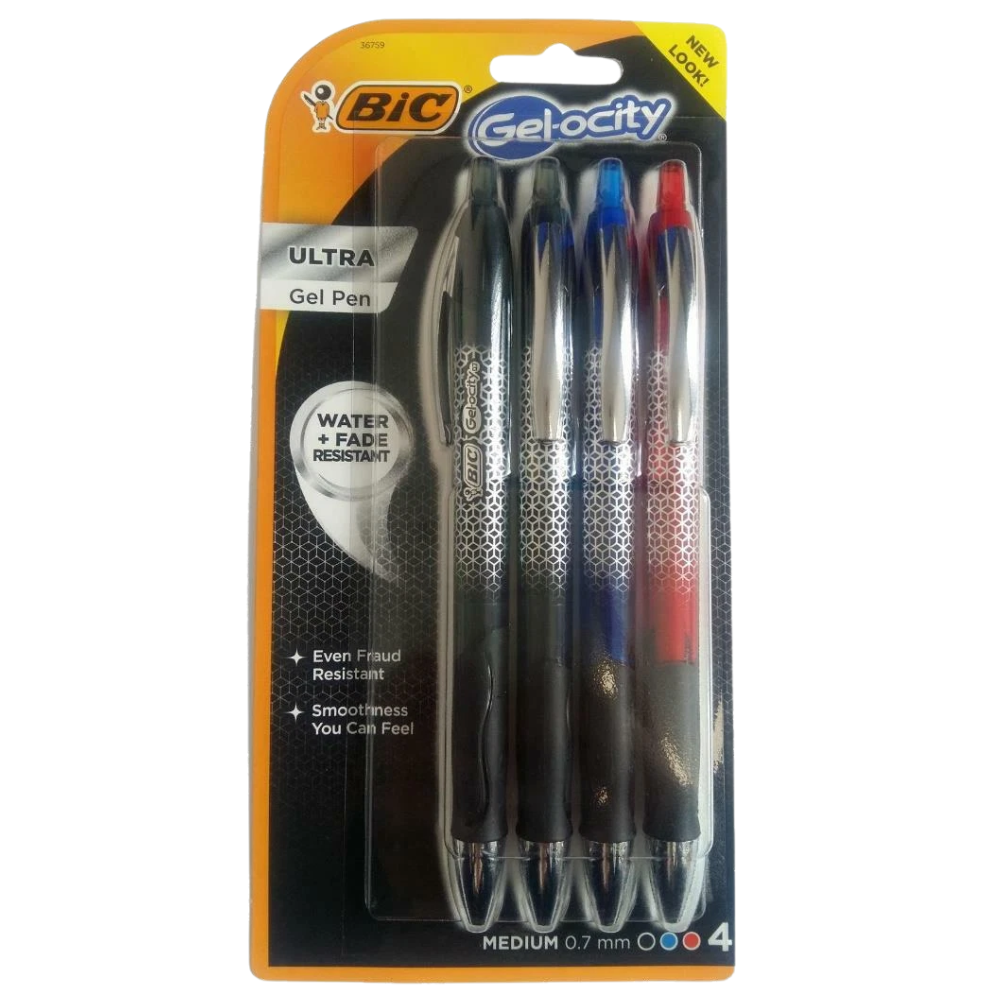 Bic Gel-ocity Ultra 0.7mm Medium Gel Pens 4 Pack Black Red Blue