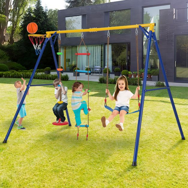 4-in-1 Heavy-Duty Swing Set with Basketball Hoop and Adjustable Belt Swing