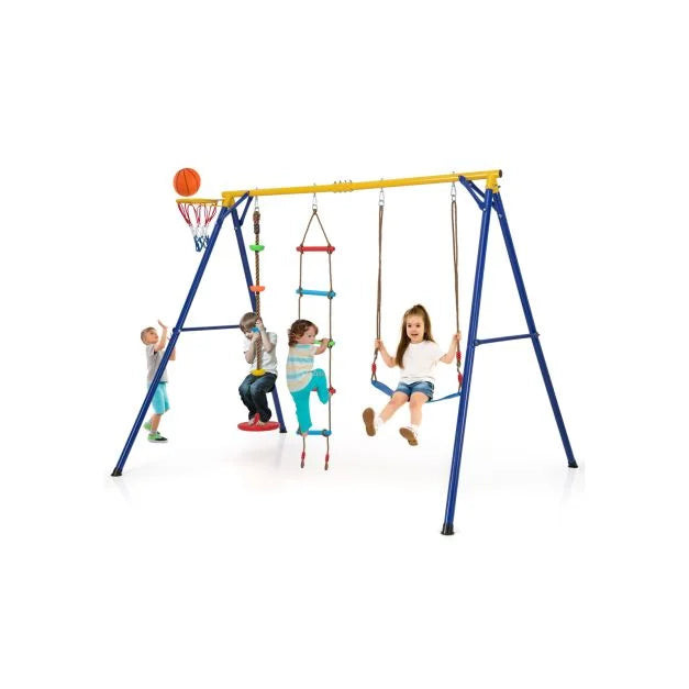 4-in-1 Heavy-Duty Swing Set with Basketball Hoop and Adjustable Belt Swing