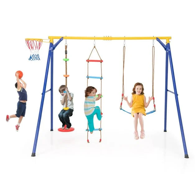 4-in-1 Swing Set: Heavy-Duty Frame, Basketball Hoop & Belt Swing