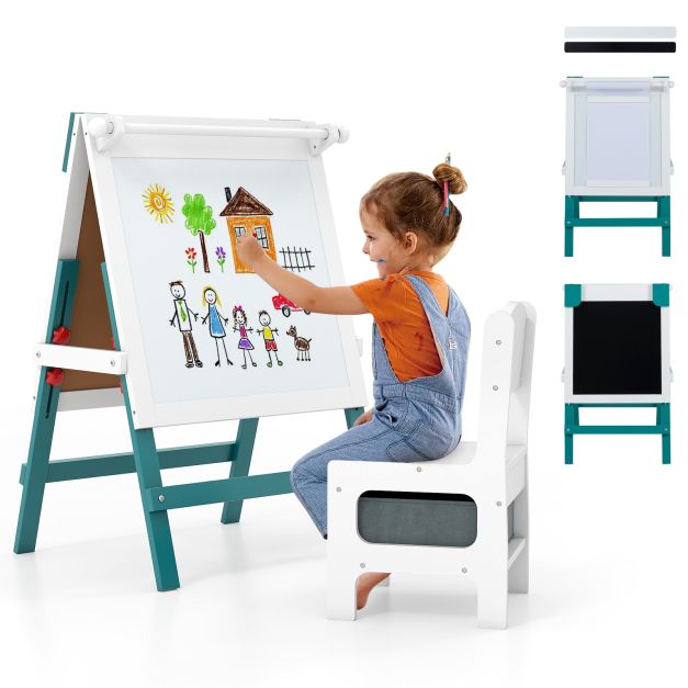 Height-Adjustable Art Easel with Chalkboard and Paper Roll Holder