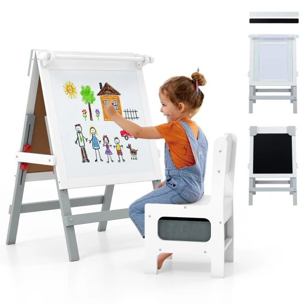 Height-Adjustable Art Easel with Chalkboard and Paper Roll Holder
