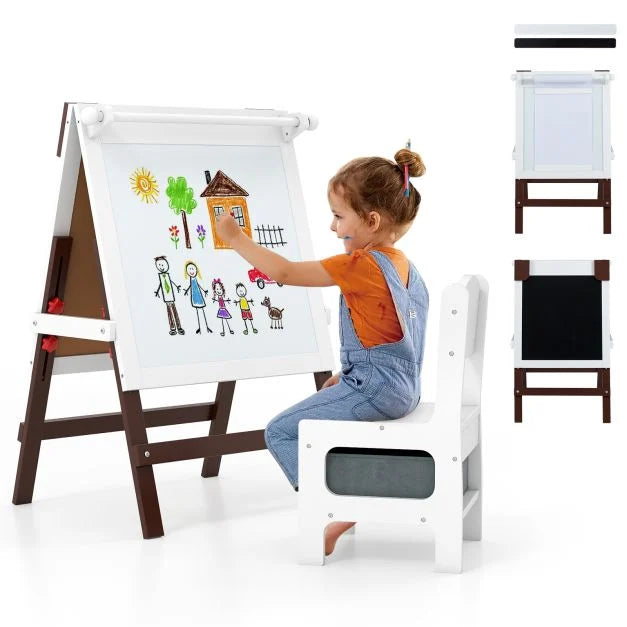 Height-Adjustable Art Easel with Chalkboard and Paper Roll Holder