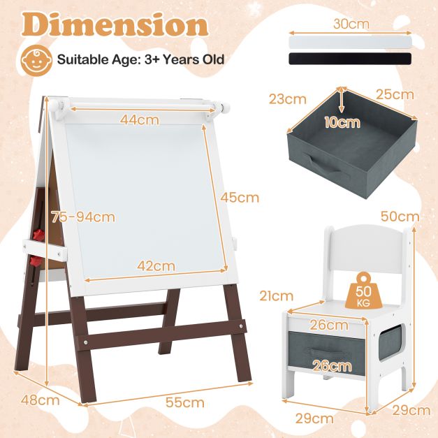 Height-Adjustable Art Easel with Chalkboard and Paper Roll Holder