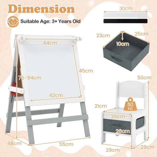 Height-Adjustable Art Easel with Chalkboard and Paper Roll Holder