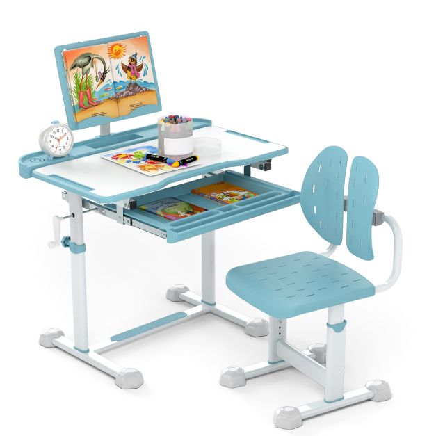 Adjustable Kids’ Study Desk and Chair Set with Tilting Desktop & Footrest Bar