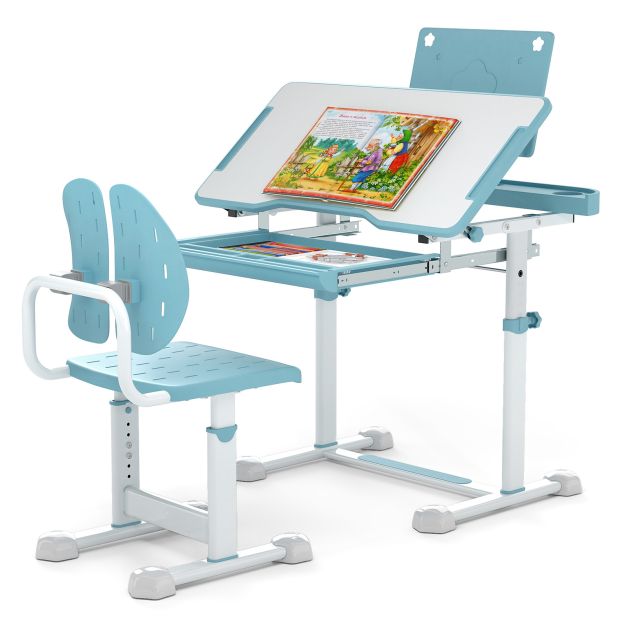 Adjustable Kids’ Study Desk and Chair Set with Tilting Desktop & Footrest Bar