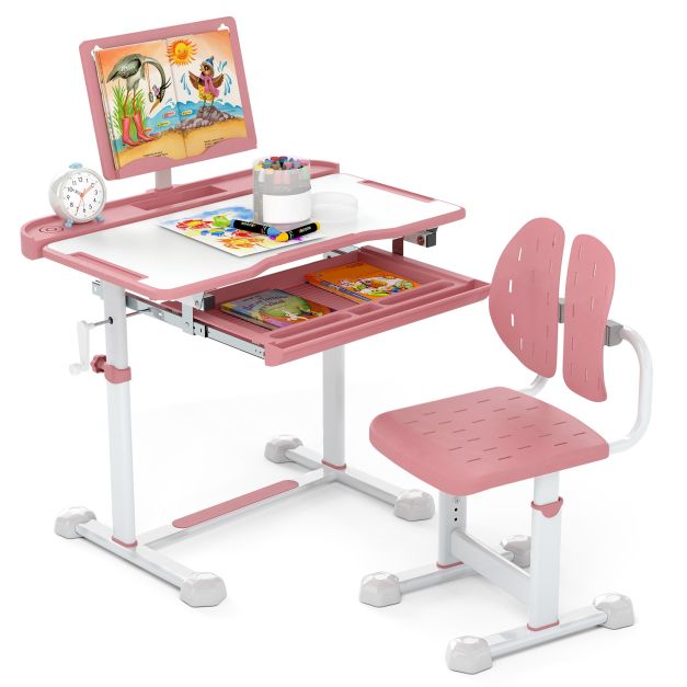 Adjustable Kids’ Study Desk and Chair Set with Tilting Desktop & Footrest Bar