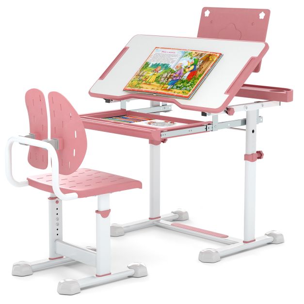 Adjustable Kids’ Study Desk and Chair Set with Tilting Desktop & Footrest Bar