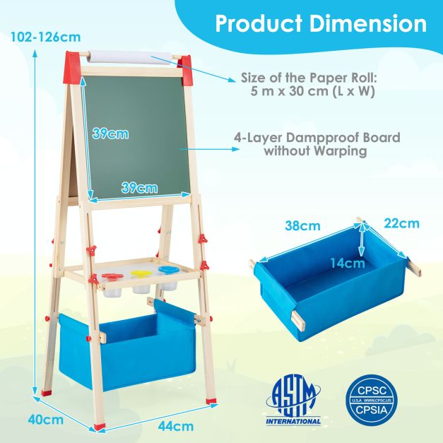 Kids Adjustable Double-Sided Wooden Art Easel for Creative Play