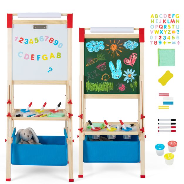 Kids Adjustable Double-Sided Wooden Art Easel for Creative Play