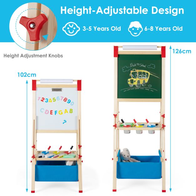 Kids Adjustable Double-Sided Wooden Art Easel for Creative Play