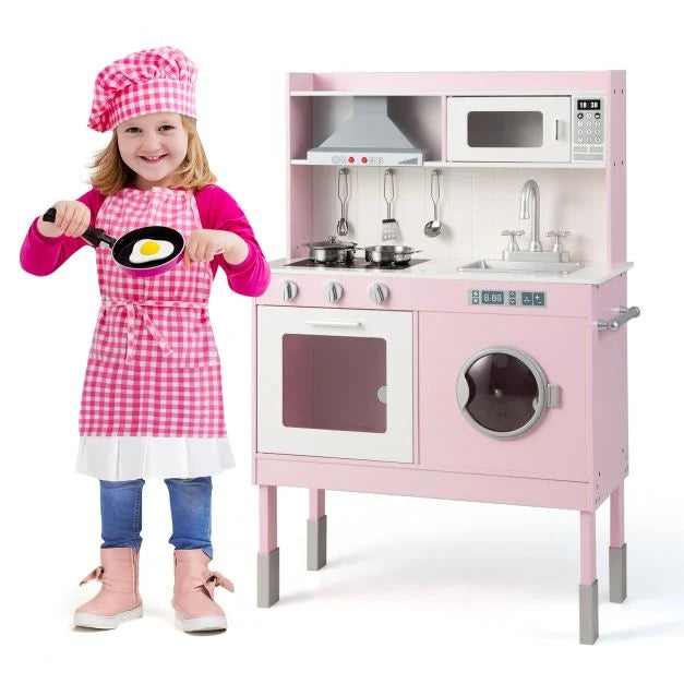 Height Adjustable Wooden Kitchen Playset for Kids with Washing Machine