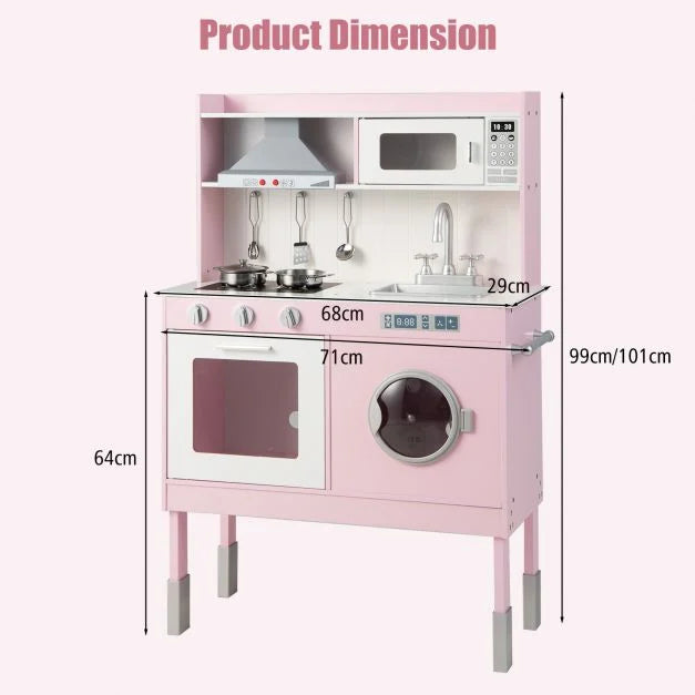 Height Adjustable Wooden Kitchen Playset for Kids with Washing Machine
