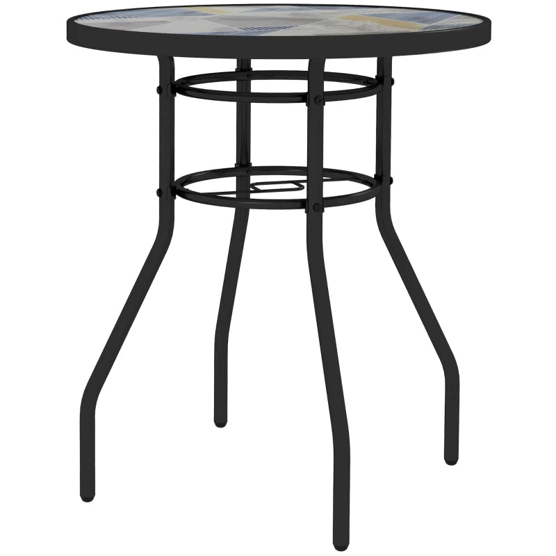 Round Outdoor Table with 60cm Multicolour Printed Glass Top, Patio Side Table