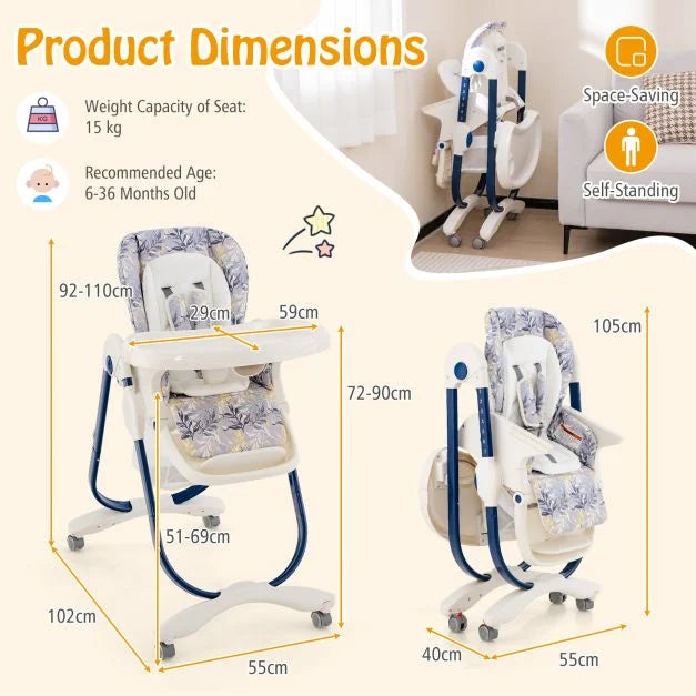 Folding Baby High Chair with Multifunctional Design and Rolling Wheels