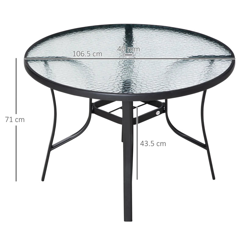 106cm Round Garden Dining Table with Parasol Hole, Glass Top & Steel Frame