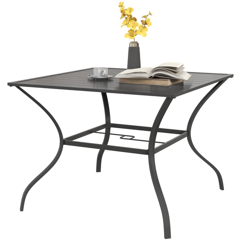 Dark Grey Outdoor Dining Garden Table for Four with Parasol Hole, Slatted Metal Top 94 x 94 cm