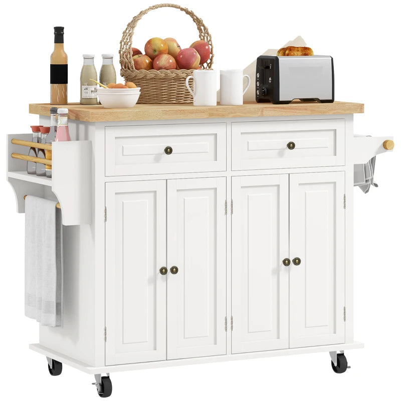 Rolling Kitchen Cart – Cream White, Wood Top, Drawers for Storage