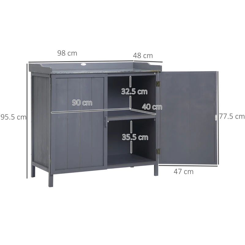 Grey Outdoor Storage Cabinet & Potting Bench with Galvanized Top and Shelves for Tools