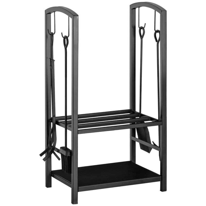 Metal Firewood Storage Rack 2 Layers with Fireplace Tools and Hooks, Black Finish