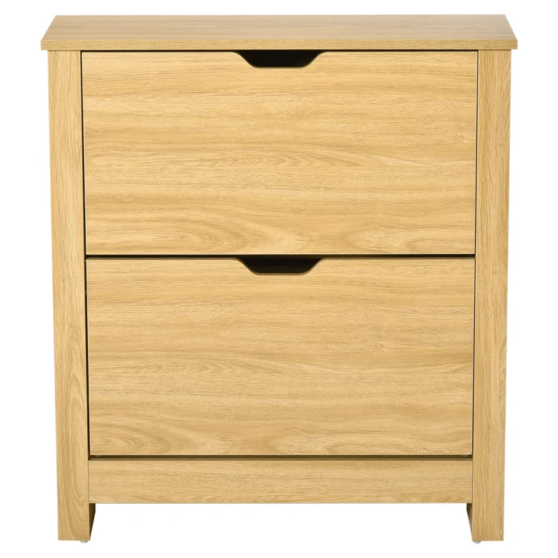 Natural Wood Narrow Shoe Cabinet, 2 Flip Drawers, Adjustable Shelves