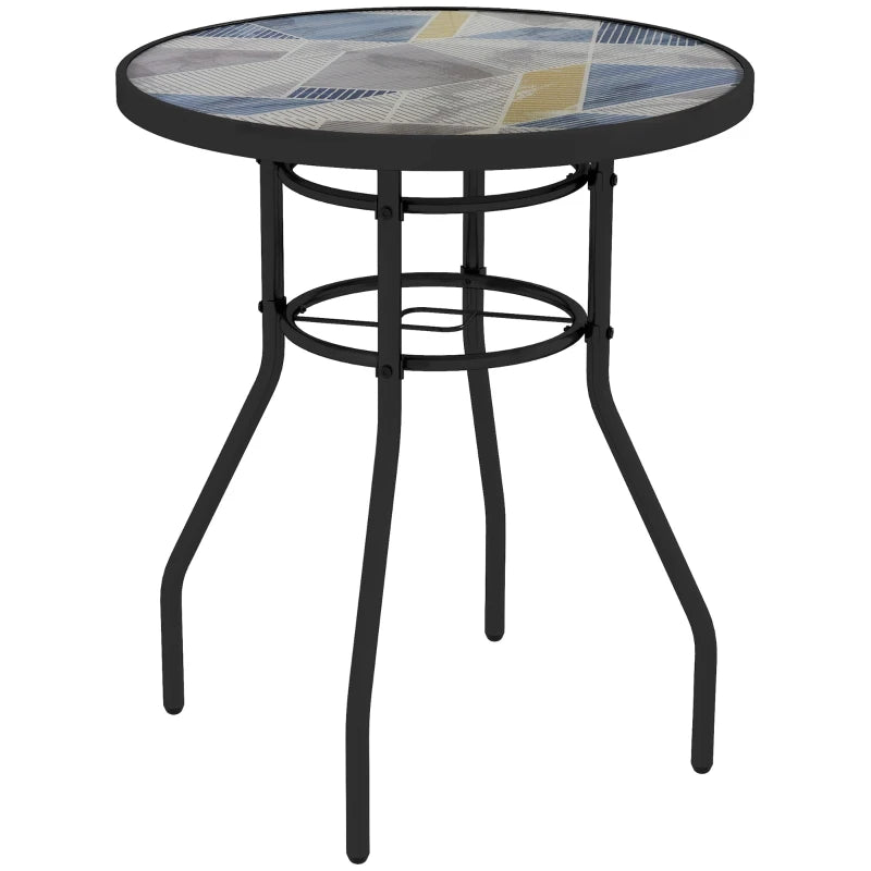 Round Outdoor Table with 60cm Multicolour Printed Glass Top, Patio Side Table