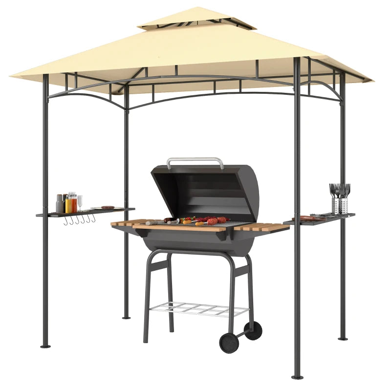 Beige BBQ Grill Gazebo Canopy with Double Tier, LED Lights, Side Shelves & Hooks, 8x5ft