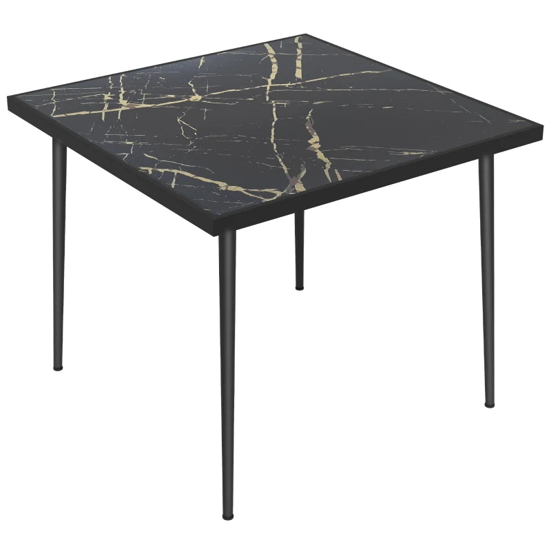 Square Garden Dining Table for 4 with Tempered Marble Effect Glass, Steel Frame, Black