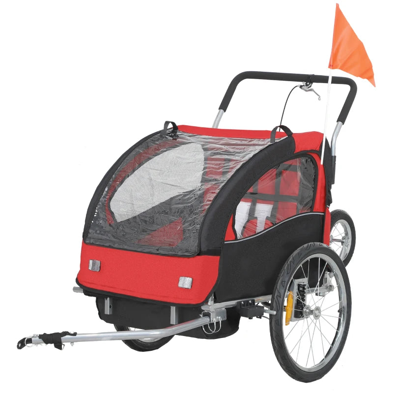2-Seat Bike Trailer – Baby Stroller with 5-Point Harness, Red