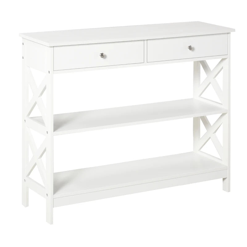 Living Room Console Table Side Desk with Storage & X Frame, White