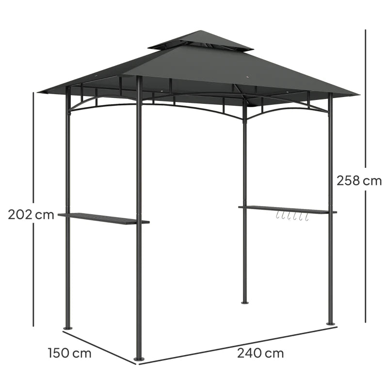 Double Tiered BBQ Grill Gazebo Canopy with LED Lights, Side Shelves & Hooks, Dark Grey, 8x5ft
