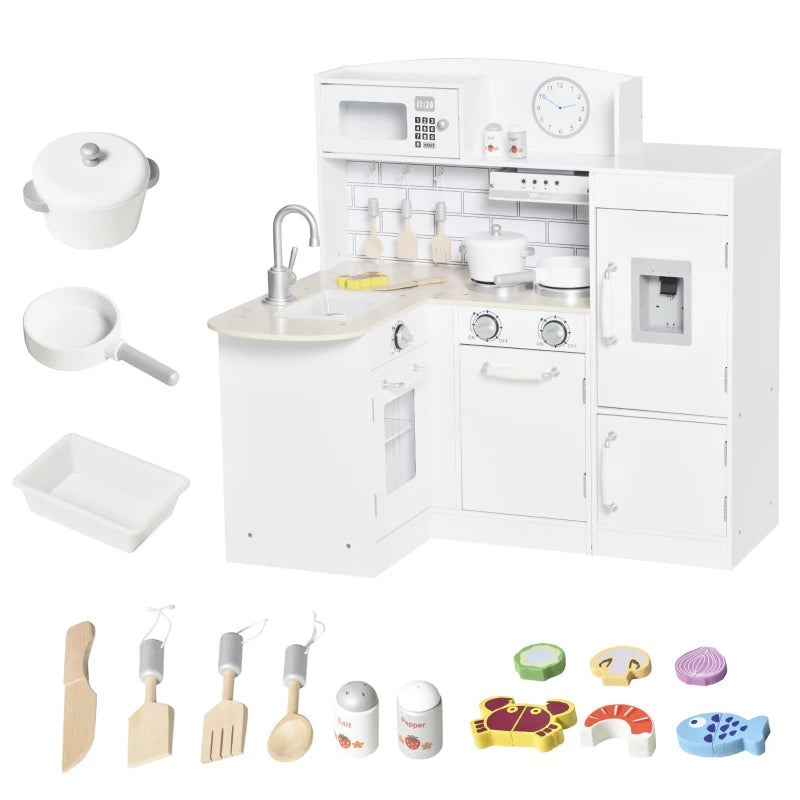 Wooden Play Kitchen for Kids with Fridge, Microwave & Water Fountain – White