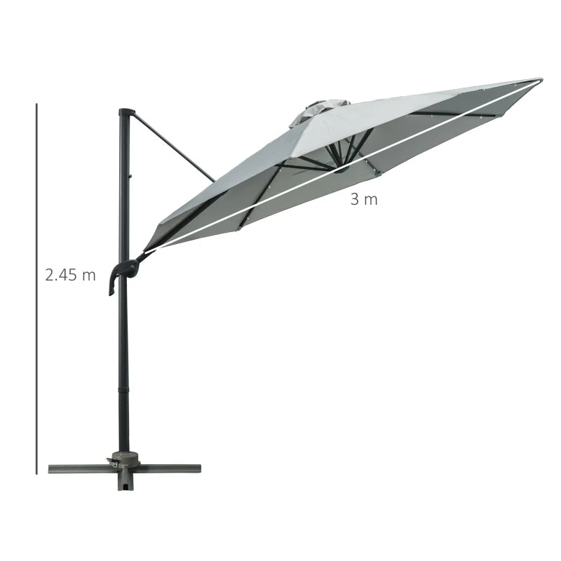 Outdoor LED Parasol with Solar Lights – Cantilever Garden Umbrella, Grey, 3m
