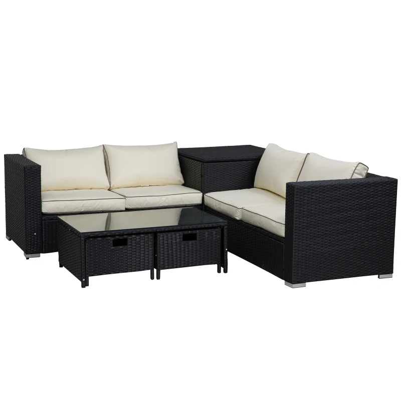 Black Rattan Corner Sofa Set with Storage, Coffee Table & Cushions 4-Seater, 4-Piece