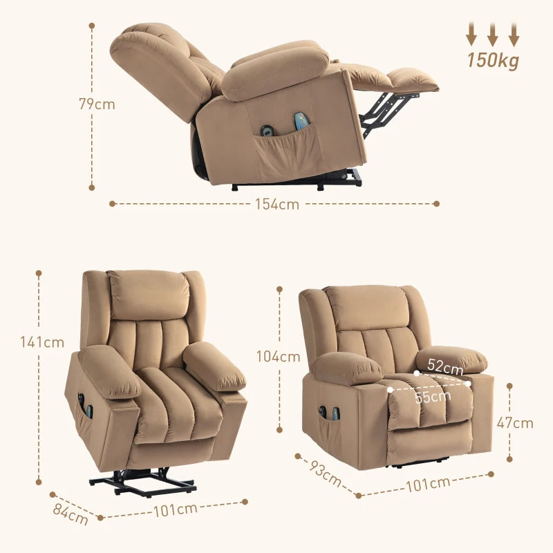 Light Brown Velvet Recliner Chair with Riser and Massage Function