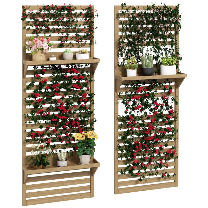 Wall Mounted Flower Stands Set of 2 – Fir Wood Shelves with Slatted Trellis for Balcony