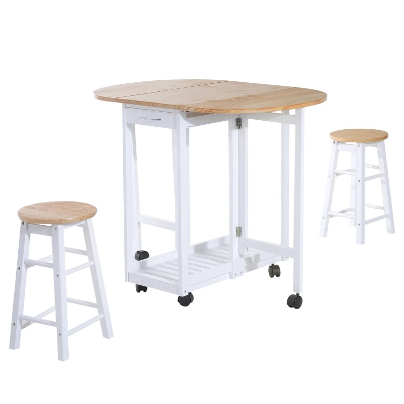 Mobile Dining Table Set with 2 Stools, Foldable, Storage & Wheels