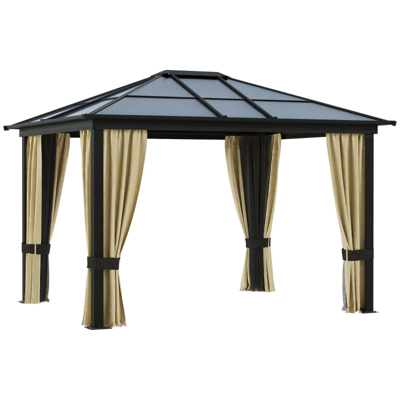Brown Hardtop Gazebo with Polycarbonate Roof, Mosquito Net & Curtains – Garden 3x3.6m