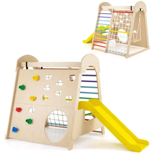 8-in-1 Indoor Wooden Jungle Gym Playground with Climbing Wall for Kids