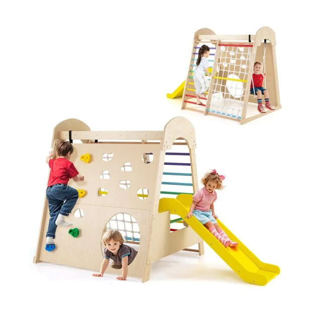 8-in-1 Indoor Wooden Jungle Gym Playground with Climbing Wall for Kids