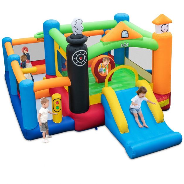 Train‑Themed Kids Inflatable Castle: Slide + Hoop, Blower Not Included