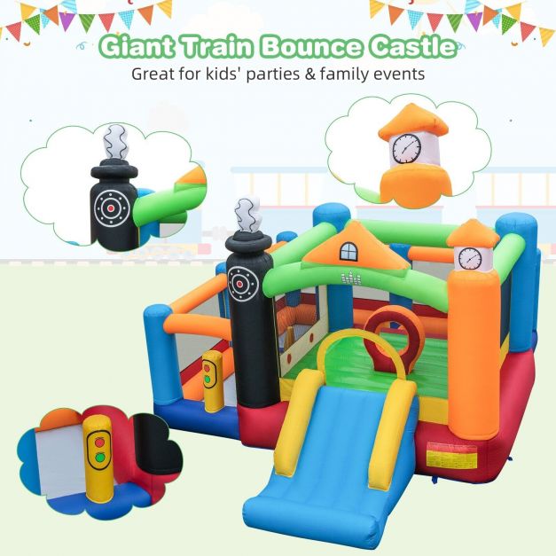 Train‑Themed Kids Inflatable Castle: Slide + Hoop, Blower Not Included