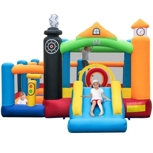 Train‑Themed Kids Inflatable Castle: Slide + Hoop, Blower Not Included