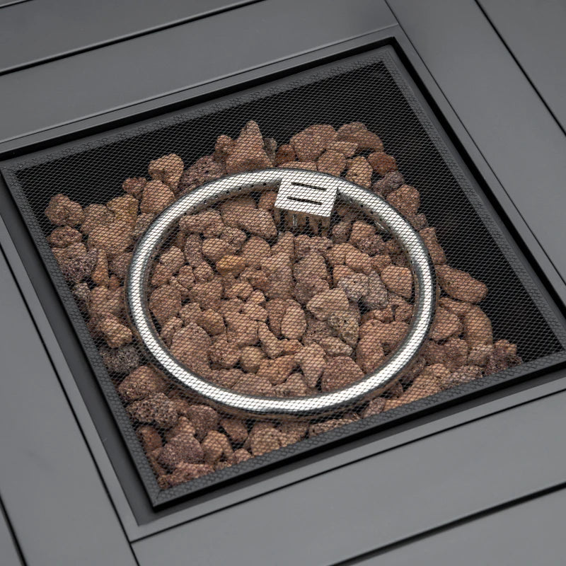 Square Rattan Gas Fire Pit Table for Patio with Lava Stone & Mesh Lid, Grey 40,000 BTU