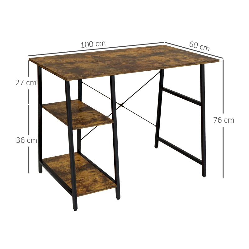 Rustic Brown Computer Desk with 2-Tier Shelves & Steel Frame