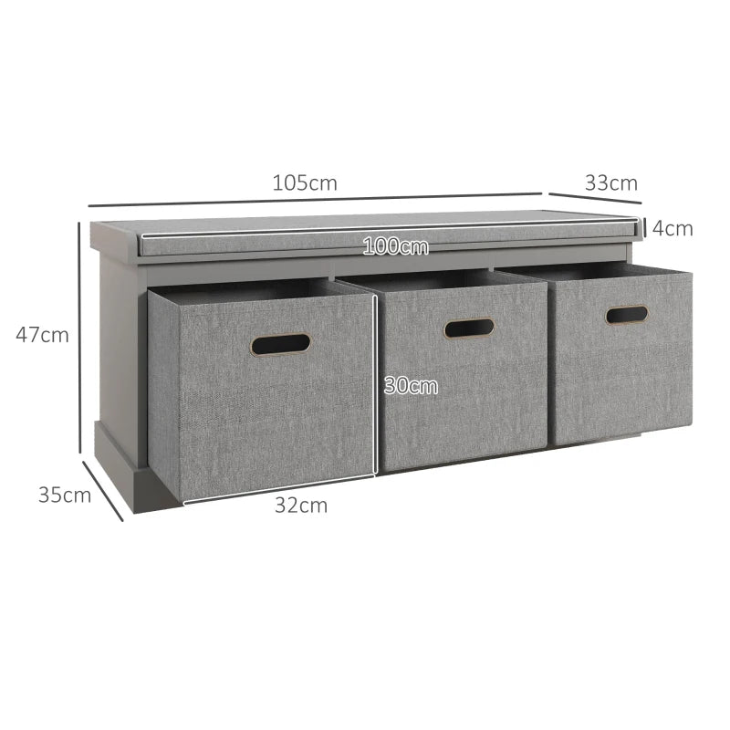 Grey Shoe Storage Bench with Cushioned Seat & 3 Pull-Out Drawers