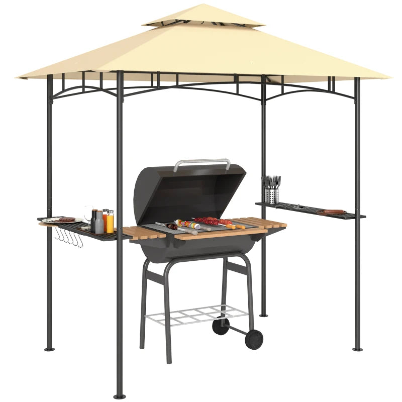 Beige BBQ Grill Gazebo Canopy with Double Tier, LED Lights, Side Shelves & Hooks, 8x5ft