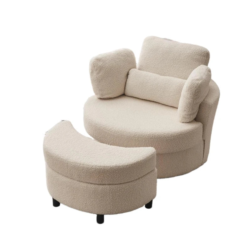 Teddy Fabric Swivel Armchair with Ottoman & Cushions 360° Recline - White
