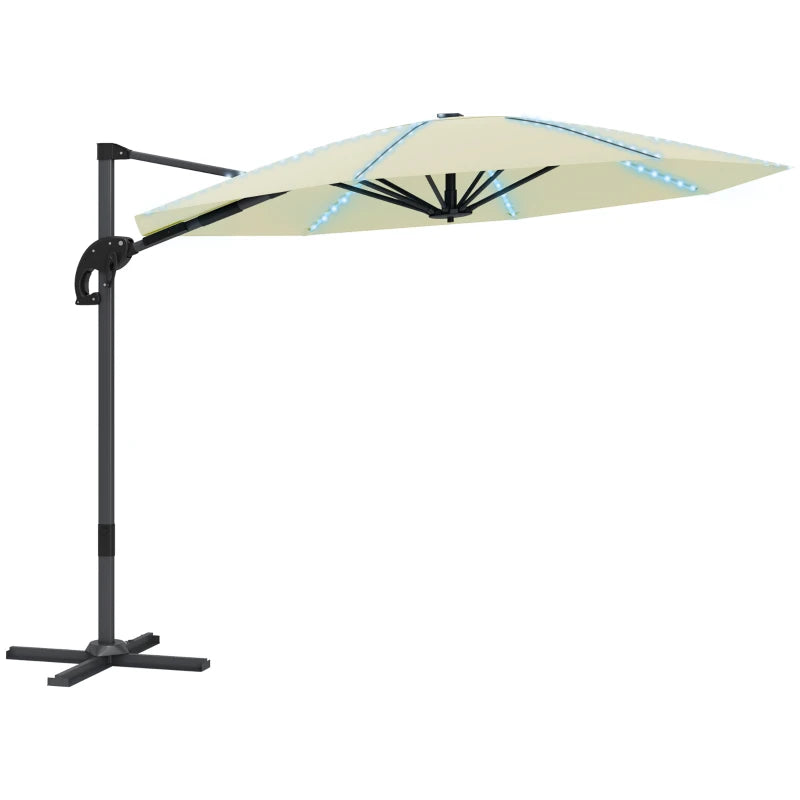 Solar Powered Garden Parasol with Crank Handle, Cross Base & 360° Rotation – 3m Cream